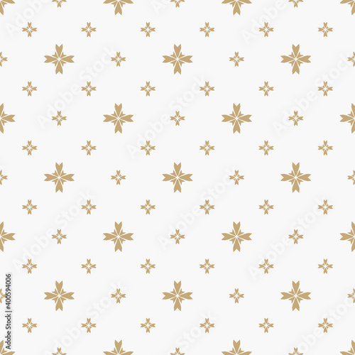 Subtle golden vector seamless pattern with small flower shapes  stars  crosses. Simple floral geometric background. Abstract minimal white and gold texture. Luxury repeat design for decor  wallpapers
