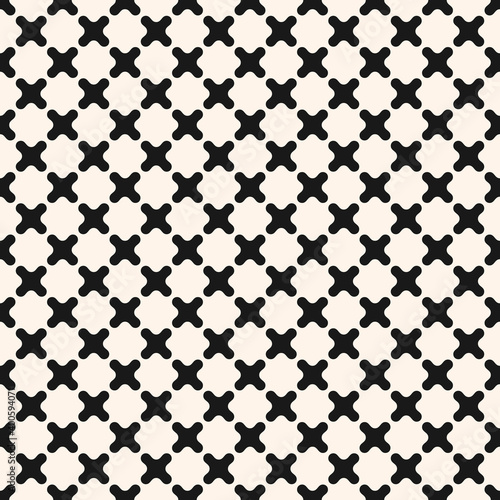 Simple monochrome vector seamless pattern with small curved crosses, grid. Abstract minimal geometric texture. Black and white background. Repeat design for decoration, print, wrapping, fabric, cloth