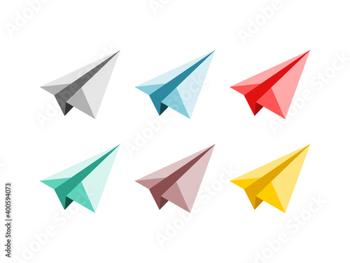 Paper plane set. Origami paper planes. Collection of six folded paper aircraft. Handmade paper craft. Airplane icon. Various colors. Isolated on white background. Vector illustration, flat, clip art.