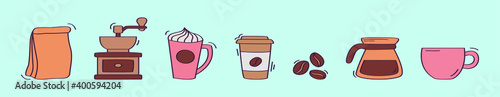set of coffee cartoon icon design template with various models. vector illustration isolated on blue background