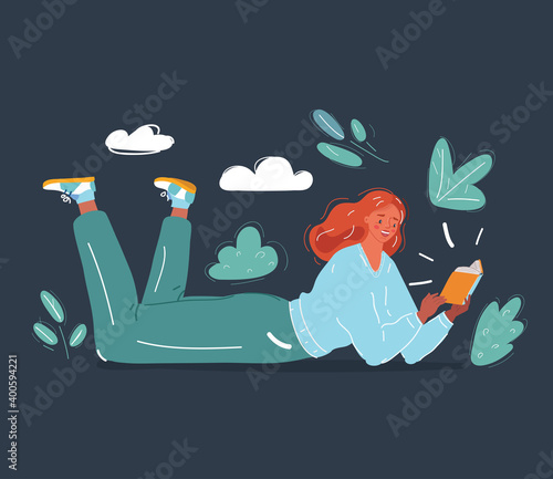 Vector illustration of Young Girl Lying on floor with book in her hands.