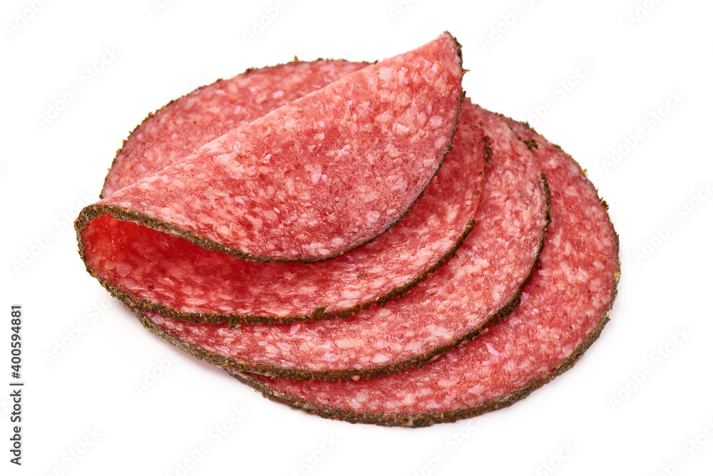 Salami Sausage Slices, isolated on white background Salami Sausage Slices, isolated on white background