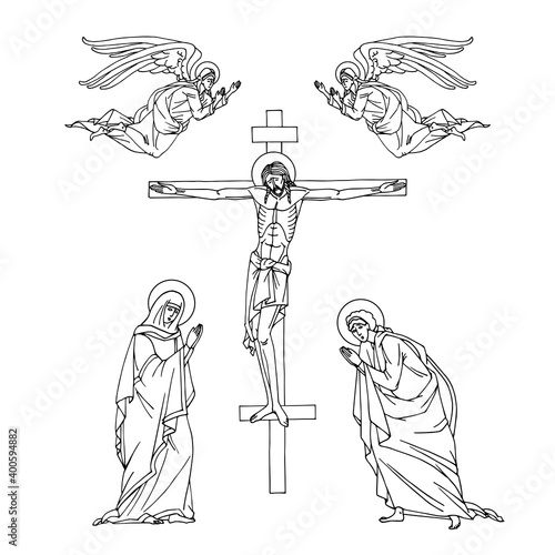 crucifixion of Jesus Christ on the cross, holy virgin Mary, apostle John and angels, Orthodox icon, vector illustration with black ink contour lines isolated on a white background in hand drawn style