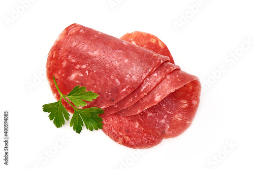Smoked salchichon sausage, isolated on white background
