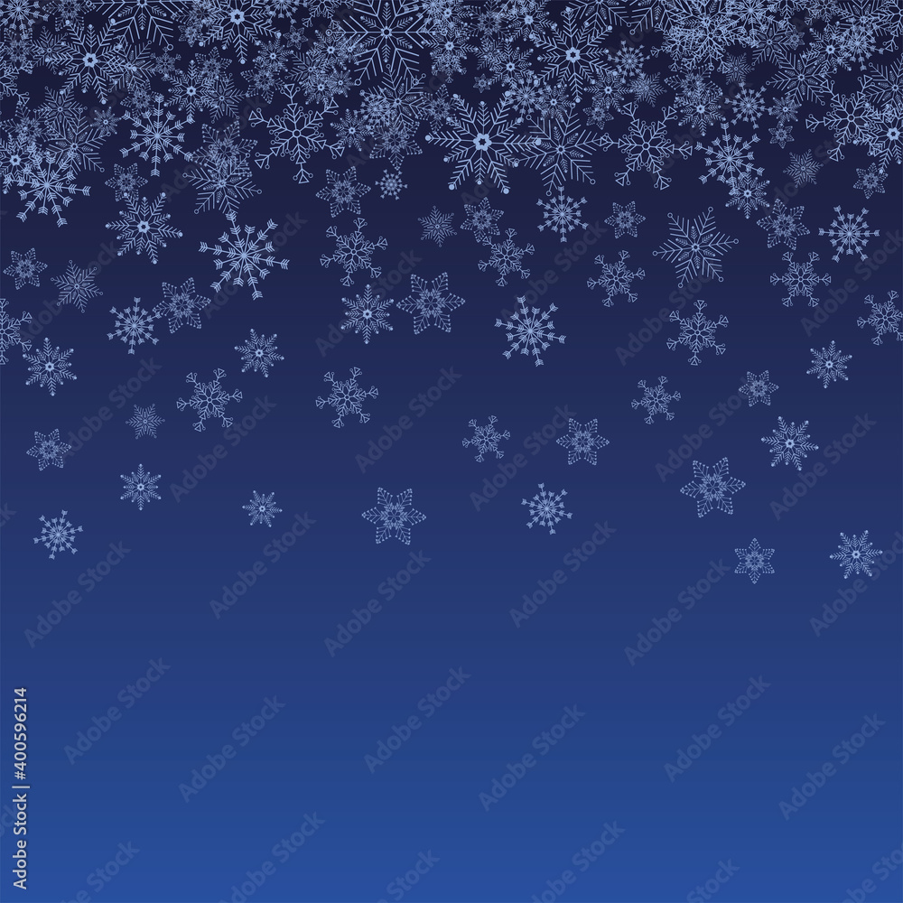 dark blue background with many light snowflakes of different shapes and sizes