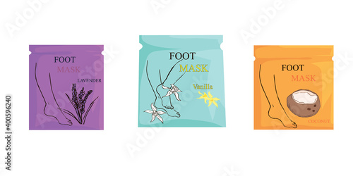 set of isolated packs of masks for feet. vector flat style. mockup, design of care cosmetics. template.