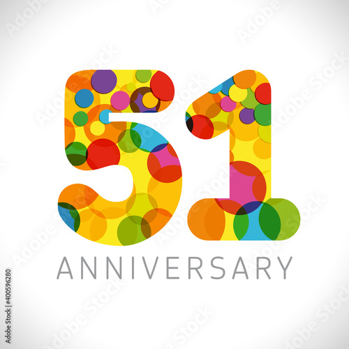 51st anniversary numbers. 51 years old multicolored congrats. Cute congratulation concept. Isolated abstract graphic design template. Age digits. Up to 51%, -51% percent off discount. Decorative sign.