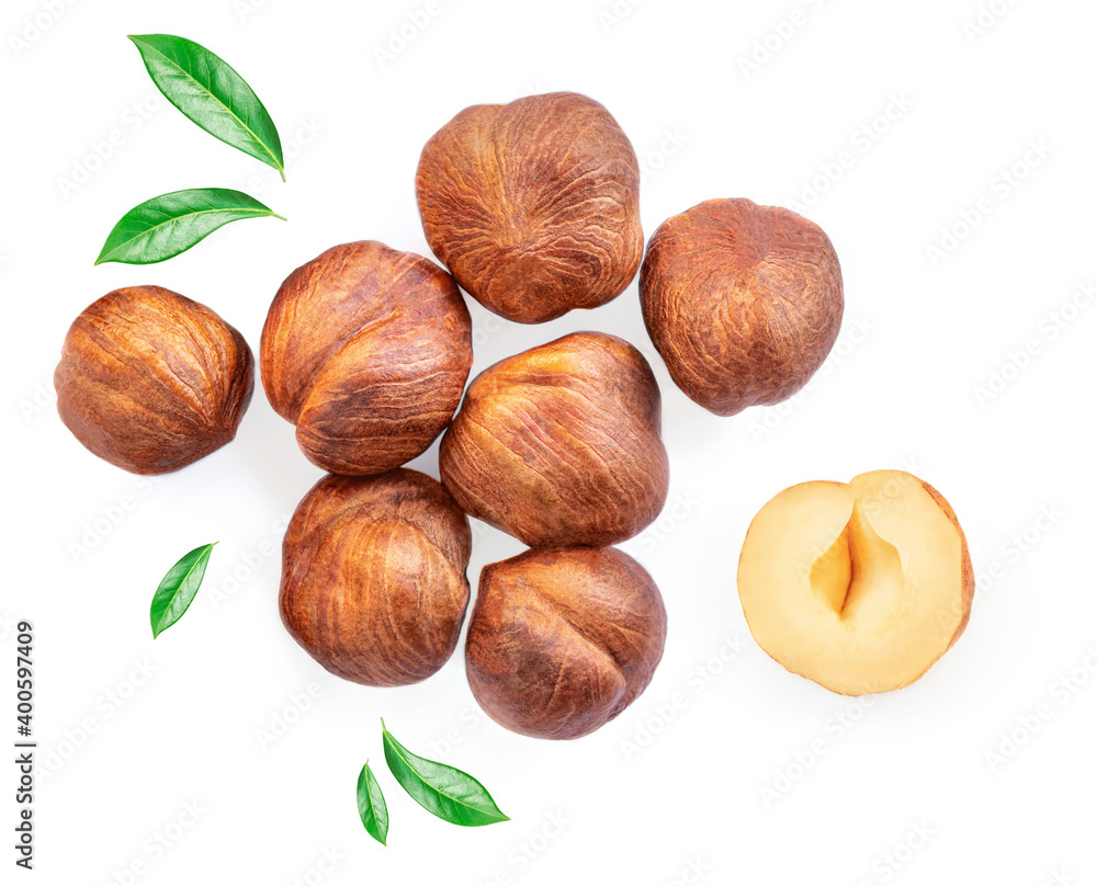 Hazelnuts isolated on white background. Top view. Flat lay. Hazelnuts isolated on white background. Top view. Flat lay.
