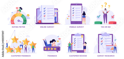 Survey Vector Illustration Set. People Giving Feedback, Choosing Answer, Making Decision and Research. Collection of Online Survey, Customer Review, Voting, Checklist, Client Feedback for Web Design photo
