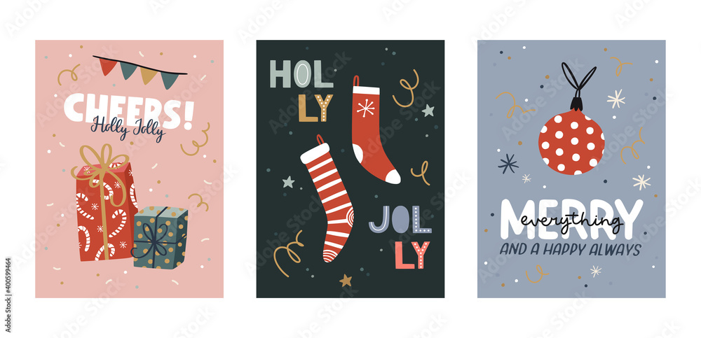Christmas and Happy New Year greeting cards set with cute holiday elements. Vector hand drawn illustrations.