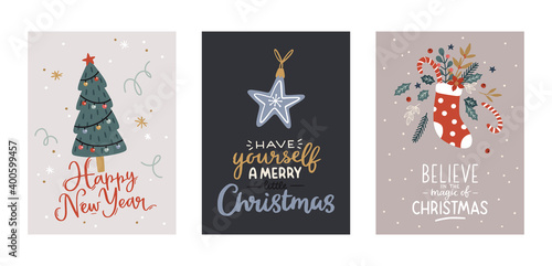 Christmas and Happy New Year greeting cards set with cute holiday elements. Vector hand drawn illustrations.