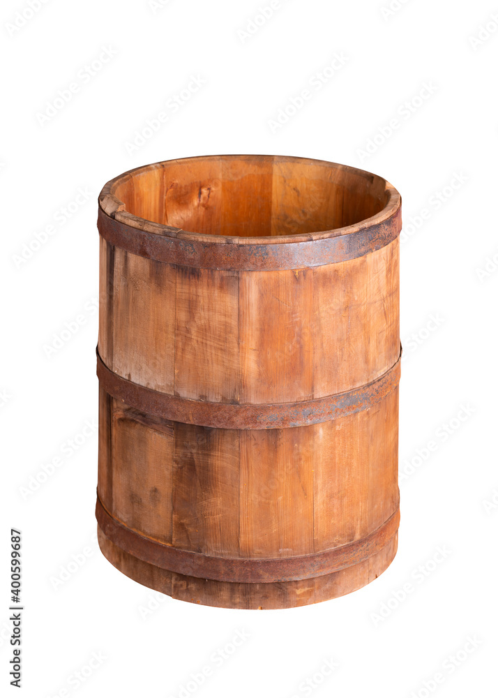 Wooden barrel isolate on a white background. Opened wooden barrel close-up. Wooden barrel isolate on a white background. Opened wooden barrel close-up.