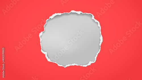 Round hole composition in red paper with torn edges and soft shadow is on grey background. Vector illustration