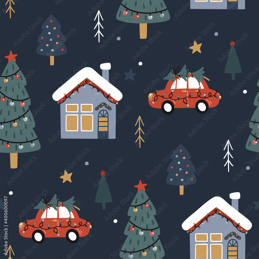 Fototapeta premium Christmas seamless pattern. Cute festive background. Vector illustration. Holiday endless texture.