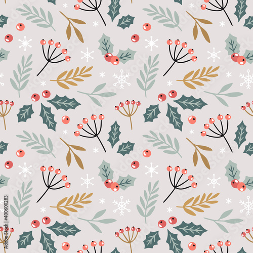 Christmas seamless pattern. Cute festive background. Vector illustration. Holiday endless texture.