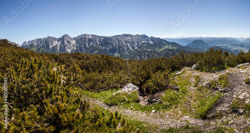 Panorama view from mountain Peterskoepfl to Kaisergebirge in Tyrol, Austria photo