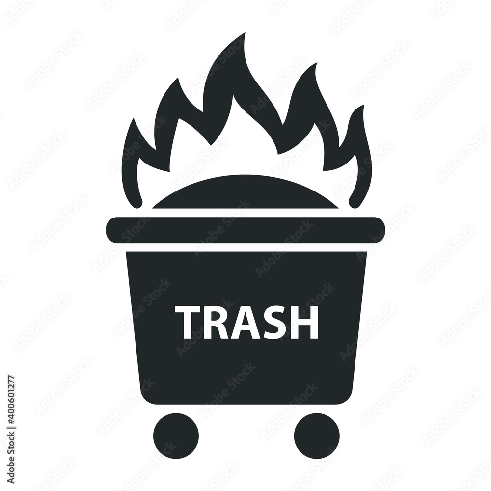 burning trash icon in a bin on wheels. flat vector illustration