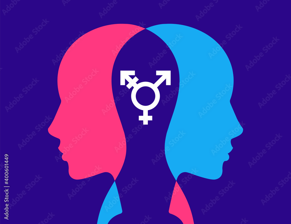 transgender fusion of man and woman. sex change of a person. flat vector illustration. - obrazy, fototapety, plakaty 