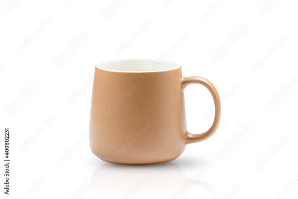 Empty beige matte cup isolated on white background with soft shadow and reflection Empty beige matte cup isolated on white background with soft shadow and reflection