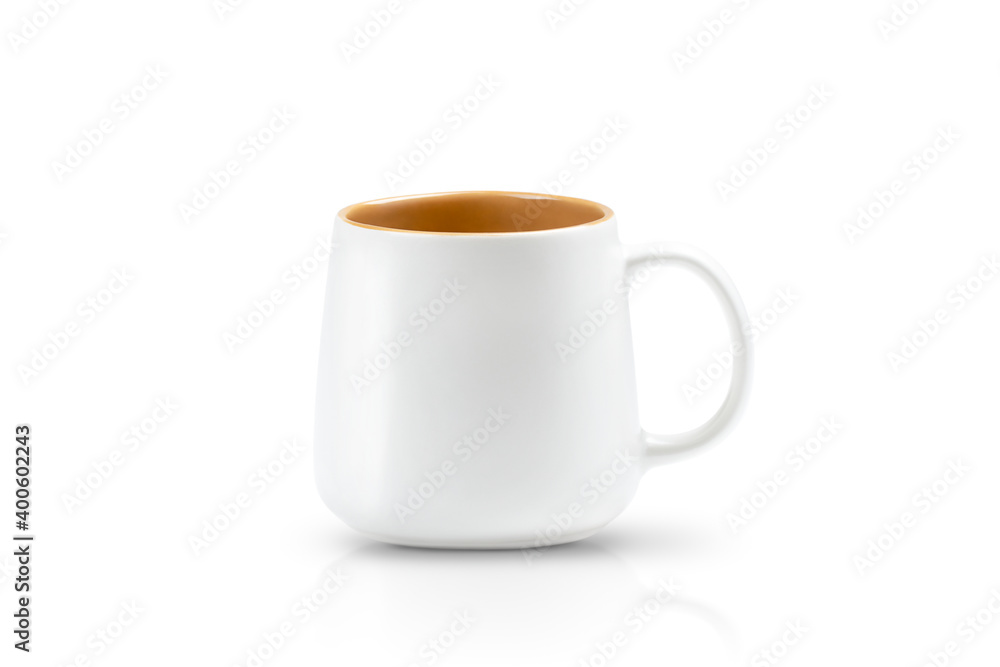 Empty white matte cup with beige interior isolated on white background with soft shadow and reflection Empty white matte cup with beige interior isolated on white background with soft shadow and reflection