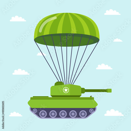 tank flies by parachute on the battlefield. flat vector illustration.