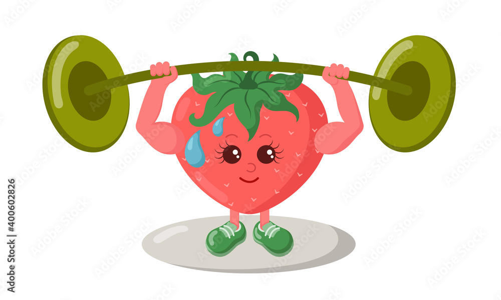 Cute strong strawberry athlete with sneakers and barbell. Colorful smiling kawaii fruit emoticon. Isolated sport training vector illustration. Cute strong strawberry athlete with sneakers and barbell. Colorful smiling kawaii fruit emoticon. Isolated sport training vector illustration.
