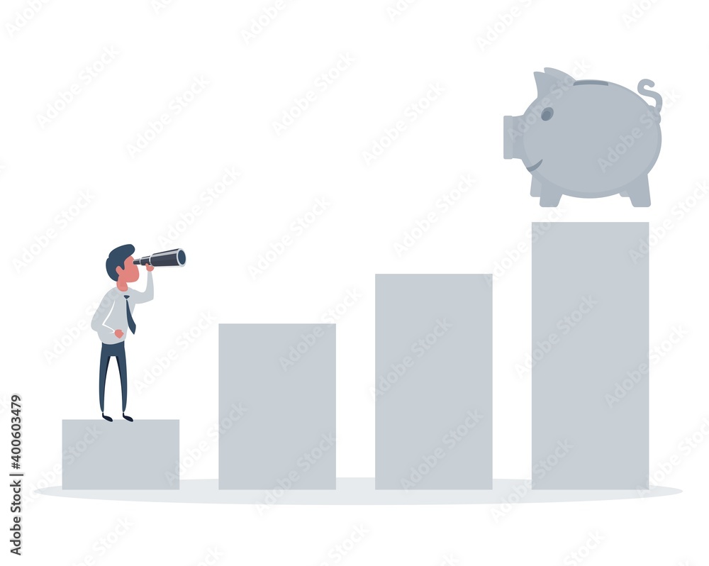 A man using telescope to see the graph and piggy bank is on the top of the arrow, it is a sign of progress a business sales is going up. Growing business concept. A man using telescope to see the graph and piggy bank is on the top of the arrow, it is a sign of progress a business sales is going up. Growing business concept.