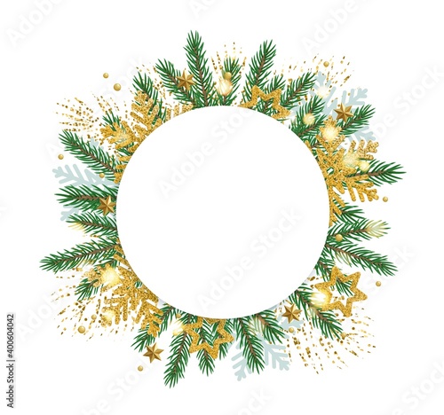 Christmas round banner with fir branches and golden ornaments