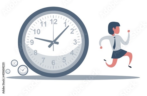Concept of missing deadline, bad time management. Scene of tired, nervous, stressed female at work. Sad businesswoman running away from a big clock . Big fail. Flat vector cartoon illustration