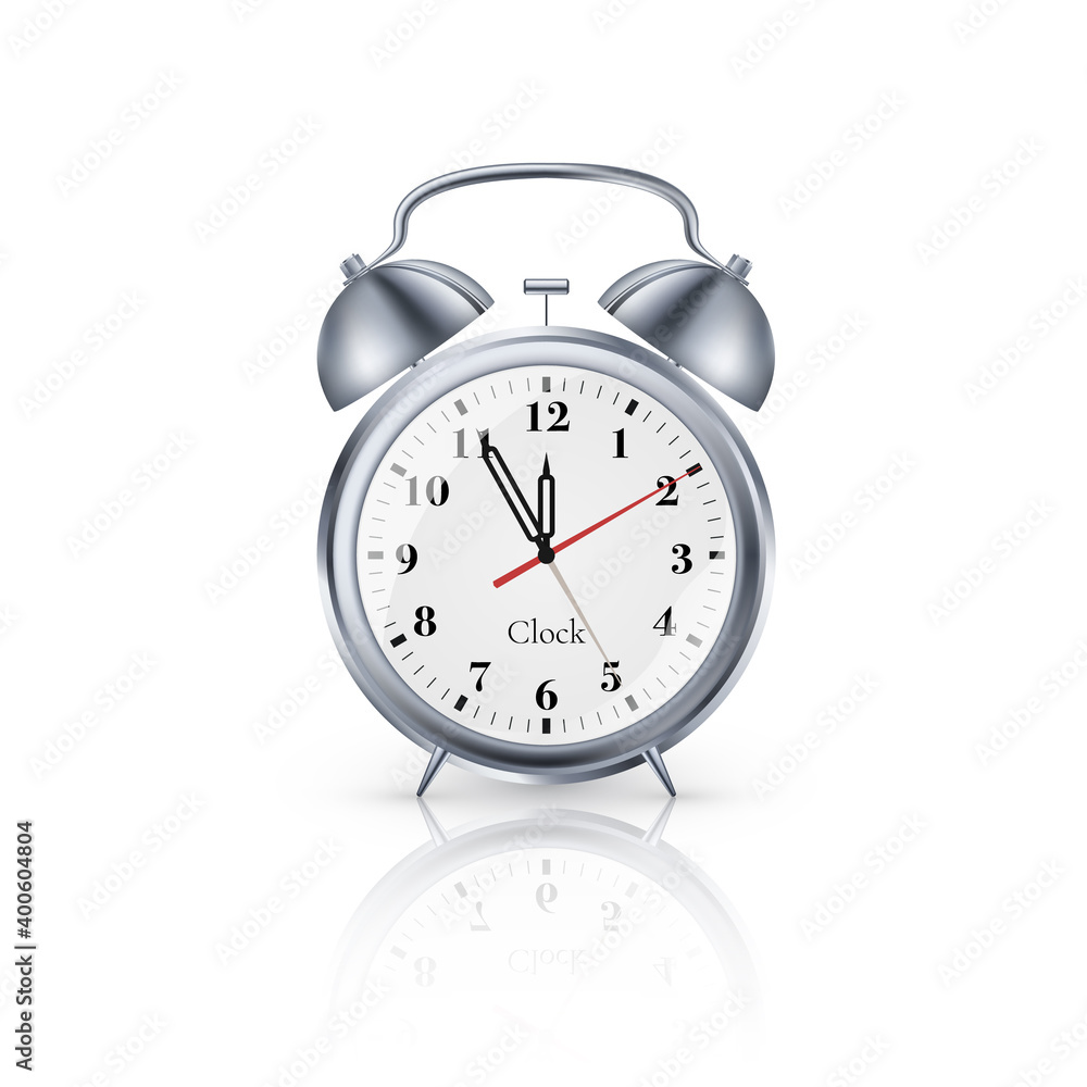 Realistic metal alarm clock on white background. vector
