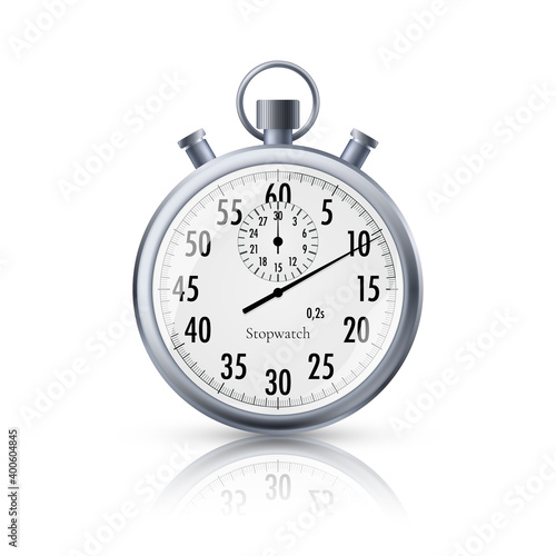Stopwatch in realistic style. Classic metal stopwatch with reflection. Vector illustration