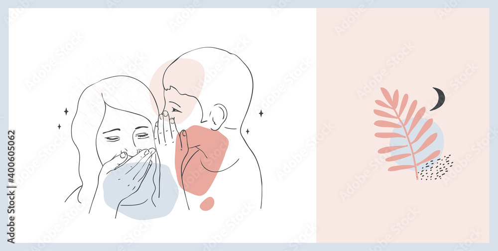 Vector illustration of a guy talking in the girl's ear a secret,linear design..Creative freehand composition in contemporary abstract style. Vector illustration of a guy talking in the girl's ear a secret,linear design..Creative freehand composition in contemporary abstract style.