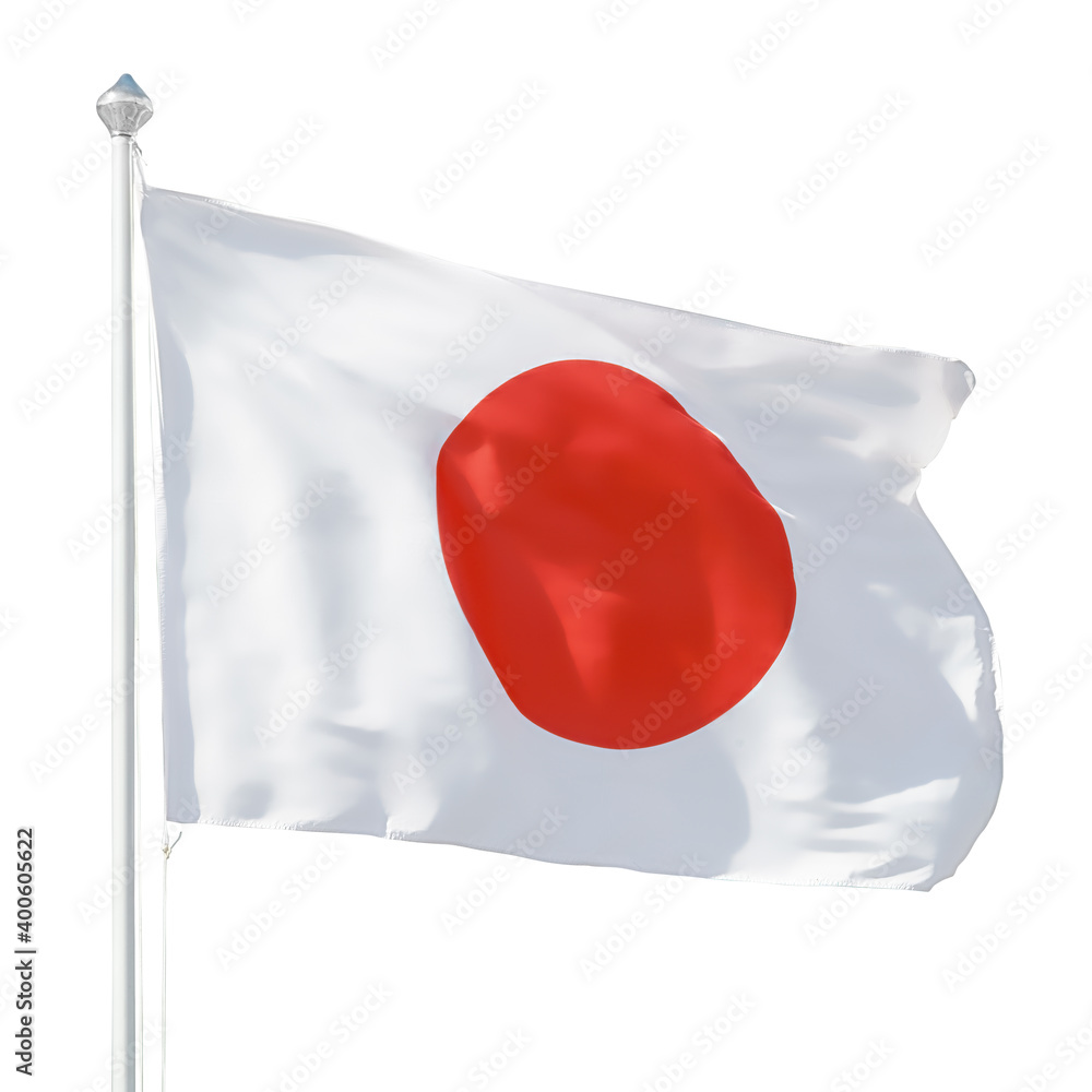 Japanese flag on flagpole isolated with clipping path
