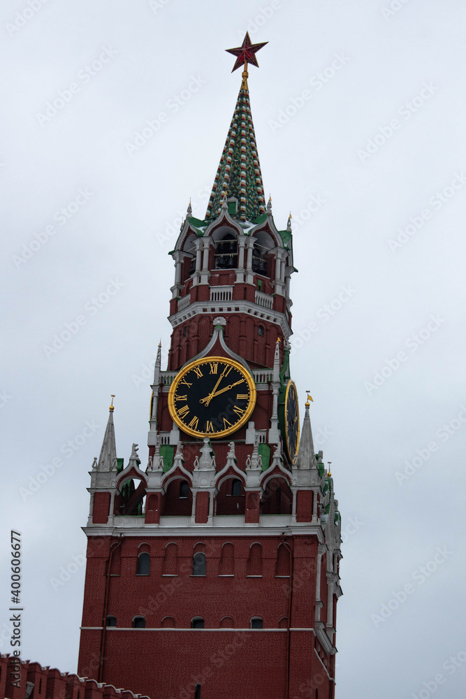 The Red Square. The Spasskaya Tower. Clock on the red square. Moscow. Moscow red tower