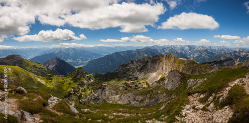 Panorama view from mountain Hochiss to Karwendel mountains in Tyrol