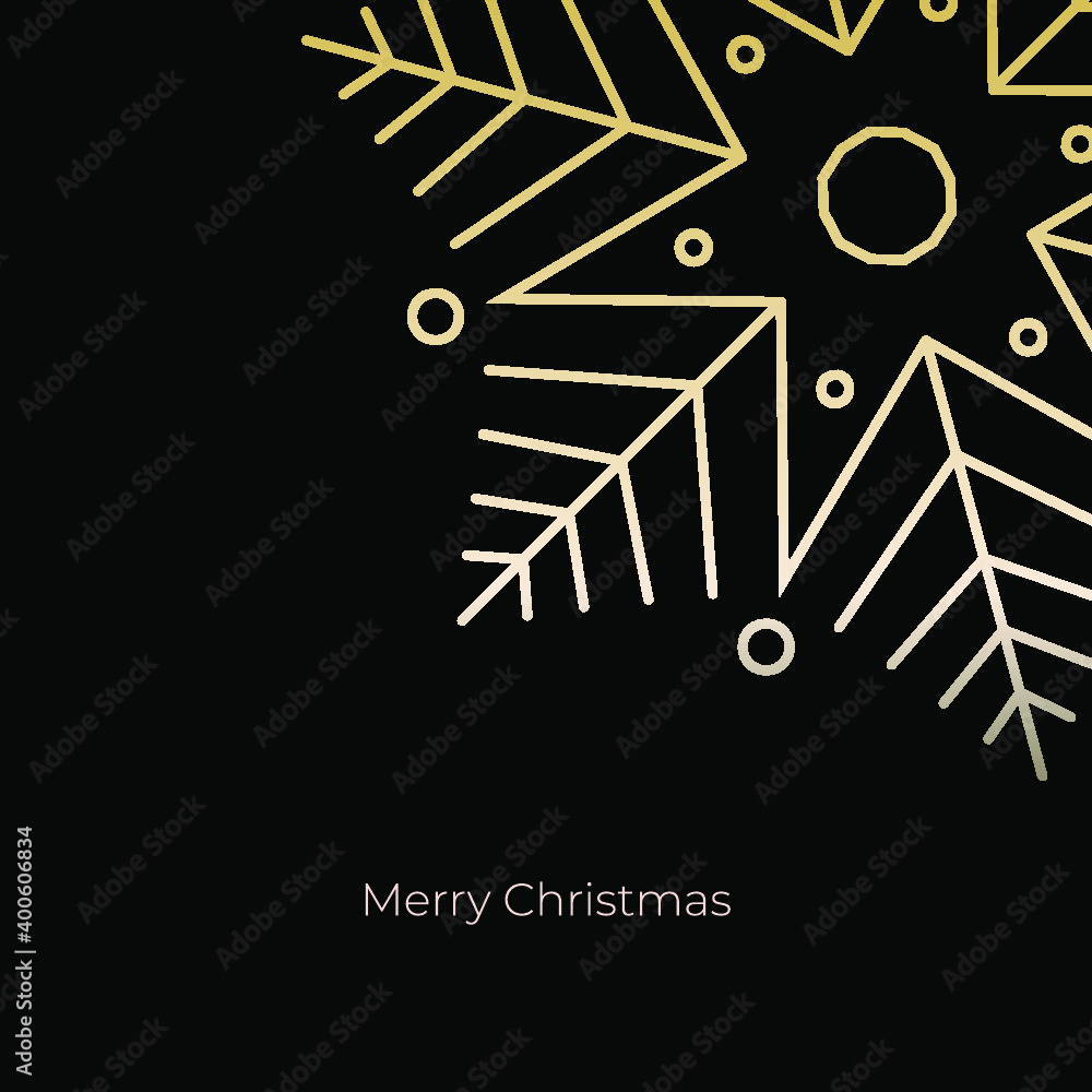 Christmas and New Year with golden snowflake on black background. Xmas and New 2021 Year celebration preparation. Vector flat cartoon style. Greeting card, banner, poster Christmas and New Year with golden snowflake on black background. Xmas and New 2021 Year celebration preparation. Vector flat cartoon style. Greeting card, banner, poster