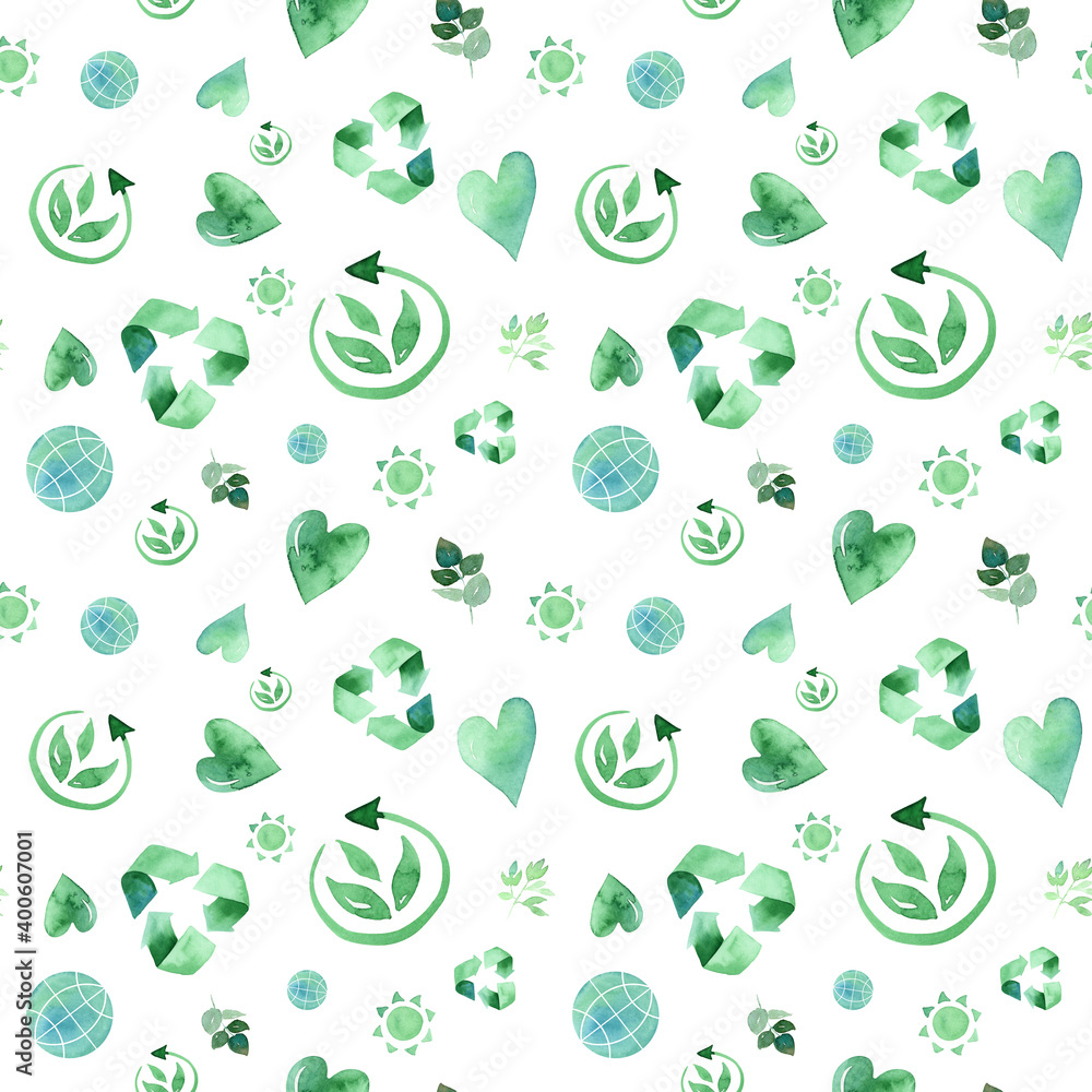 Watercolor greenery, recycling sign seamless pattern. Ecology pattern, green planet, recycled packaging symbol Watercolor greenery, recycling sign seamless pattern. Ecology pattern, green planet, recycled packaging symbol