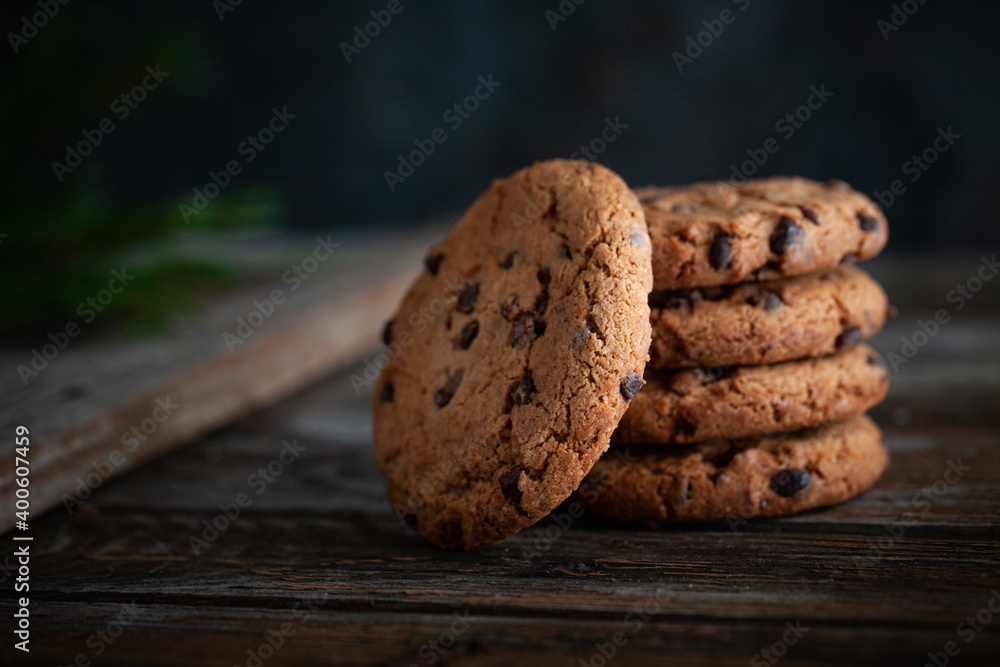 Fototapeta premium Chocolate cookies on wooden table.