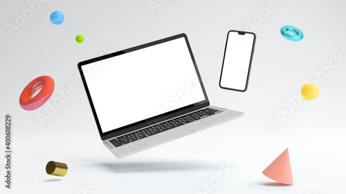 Obraz na plátně Mockup of notebook and phone floating surrounded by geometric objects