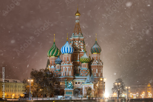 St. Basil's Cathedral (Pokrovsky Cathedral) at night in winter, Moscow, Russia