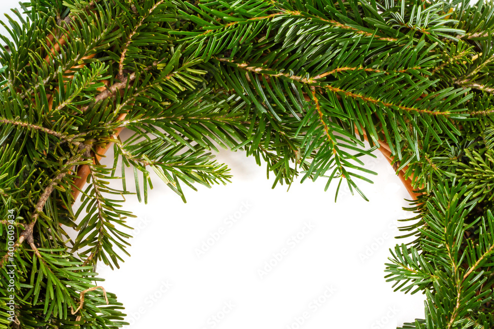 Christmas background. Christmas fir tree on white background. Top view