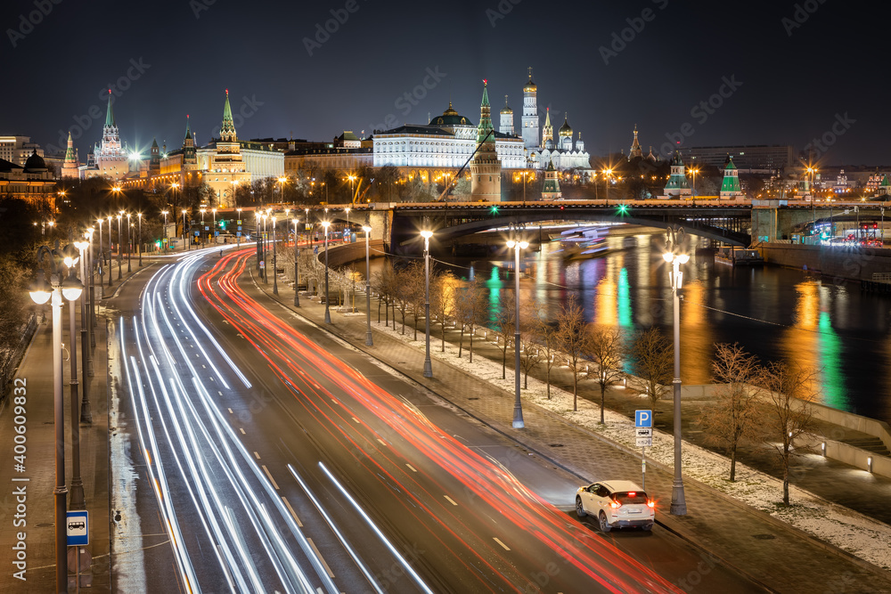 Night view of the Kremlin and the Moscow river, Moscow, Russia