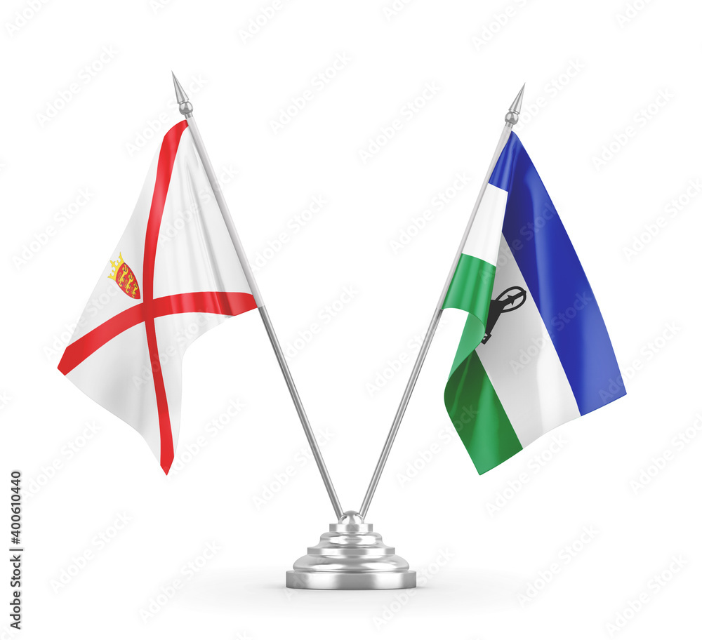 Lesotho and Jersey table flags isolated on white 3D rendering Lesotho and Jersey table flags isolated on white 3D rendering