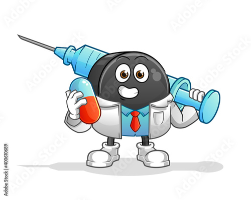 Hockey puck doctor holding medichine and injection vector. cartoon character