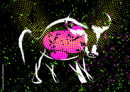Chinese new year 2021 grunge neon background. Abstract ox, bull, taurus.