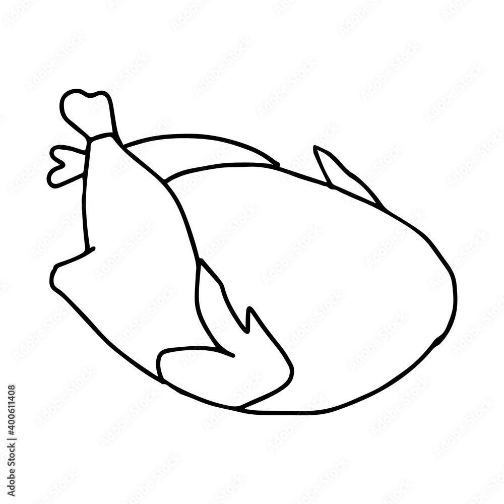 Black hand-drawn outline vector illustration of a frying chicken isolated on a white background for holiday or dinner for cooking book Black hand-drawn outline vector illustration of a frying chicken isolated on a white background for holiday or dinner for cooking book