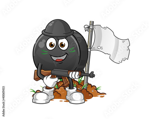 Hockey puck army character. cartoon mascot vector