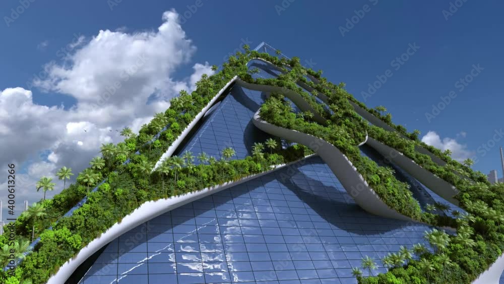 Futuristic "green" city building with a glass pyramid and organically ...