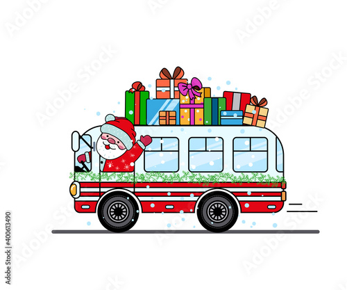Santa Claus is carrying gifts on the roof of the christmas bus. Vector isolated on a white background.