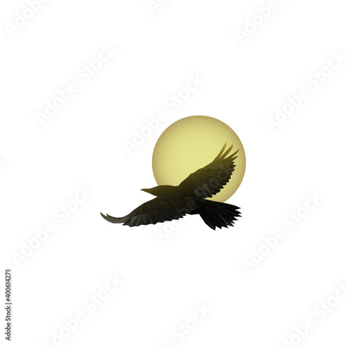 Black raven in flight and yellow moon, isolated on white background, executed in low poly style. Vector illustration